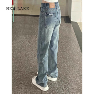 NEW LAKE复古高腰阔腿牛仔裤女新款宽松垂感显瘦直筒小个子拖地长裤子