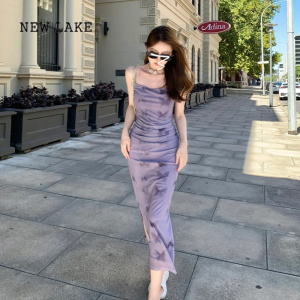 NEW LAKE茶歇法式紫色蝴蝶吊带连衣裙子女装夏季2024新款辣妹海边度假长裙
