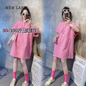 NEW LAKE大码2-300斤胖mm夏季新款纯色圆领连衣裙女韩版洋气气质裙子ins