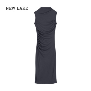 NEW LAKE深灰色修身无袖背心连衣裙女装夏季裙子收腰弹力包臀裙气质中长裙