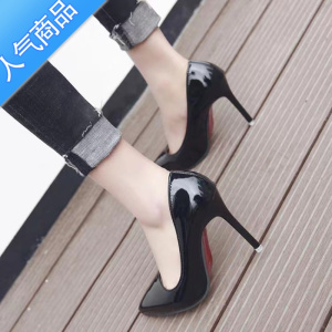 SUNTEK2023夏季新款高跟鞋韩版学生单鞋细跟渐变色女鞋漆皮黑色尖头工作