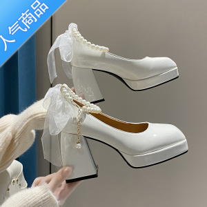 SUNTEK高跟小皮鞋女春秋2023新款白色法式婚鞋复古粗跟厚底增高玛丽珍鞋