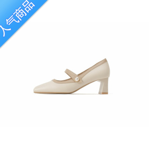 SUNTEK法式玛丽珍鞋女2023春秋新款白色粗跟方头高跟鞋浅口中跟复古单鞋