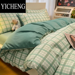 YICHENG日式简约水洗棉床上四件套ins风北欧格子被套床单宿舍三件套床笠4