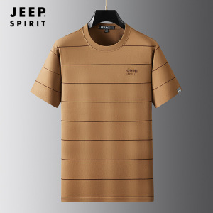 JEEP SPIRIT夏季新款男士短袖T恤条纹刺绣圆领上衣男薄款纯棉体恤男