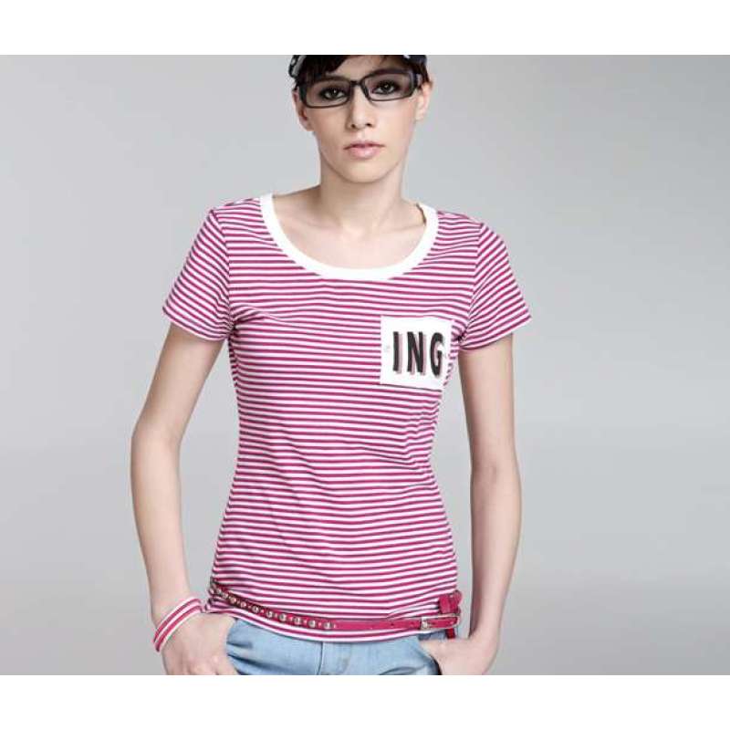 Moonbasa梦芭莎 ING2ING女装英伦风高科技光变印花短袖T恤102112227(玫红间白/XL)