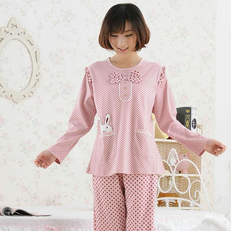 金丰田春秋波点蝴蝶结女士长袖睡衣家居服套装暗粉(XL)1808
