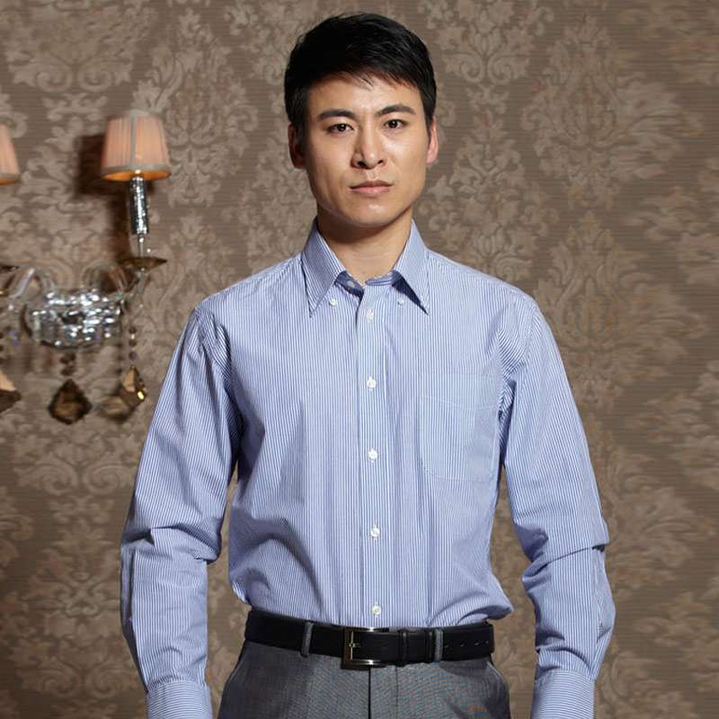 HODO红豆男装商务休闲纯棉条纹淡雅长袖衬衫HDECS2738(B01蓝竖条纹185/100B)