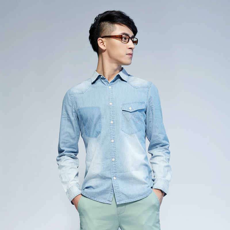 唐狮 男式 男复古丹宁长袖衬衫613111015412(浅牛仔蓝M)