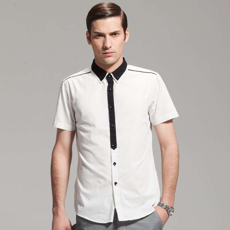 艾夫斯 男英伦撞色双层领波点纯棉短袖衬衫21221120004（本白/XXL)