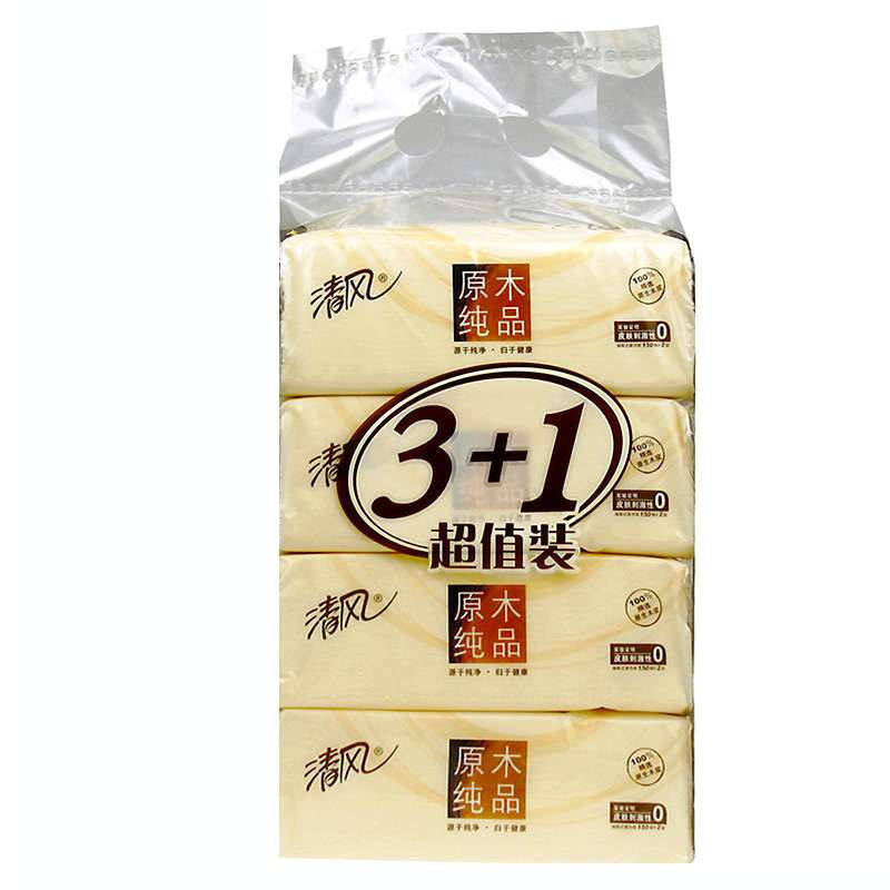 清风原木纯品中幅抽纸2层150抽*4包
