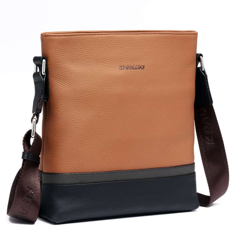 Kpaullon/卡普伦 真皮简约男包 头层牛皮男士单肩包 撞色时尚单肩斜挎包8561-5 卡其色