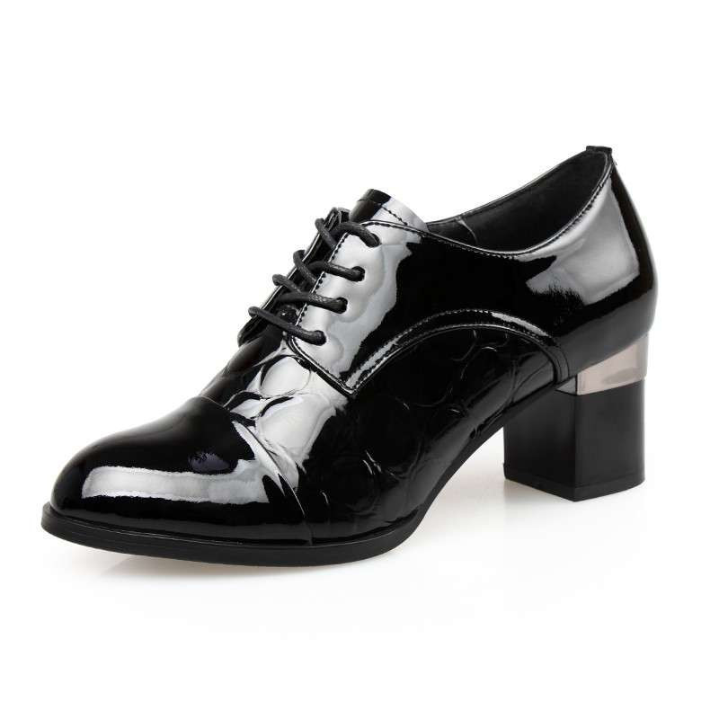 3515强人春季新款欧美女鞋真皮单鞋中跟漆皮系带女单鞋LA460140 黑色 37码