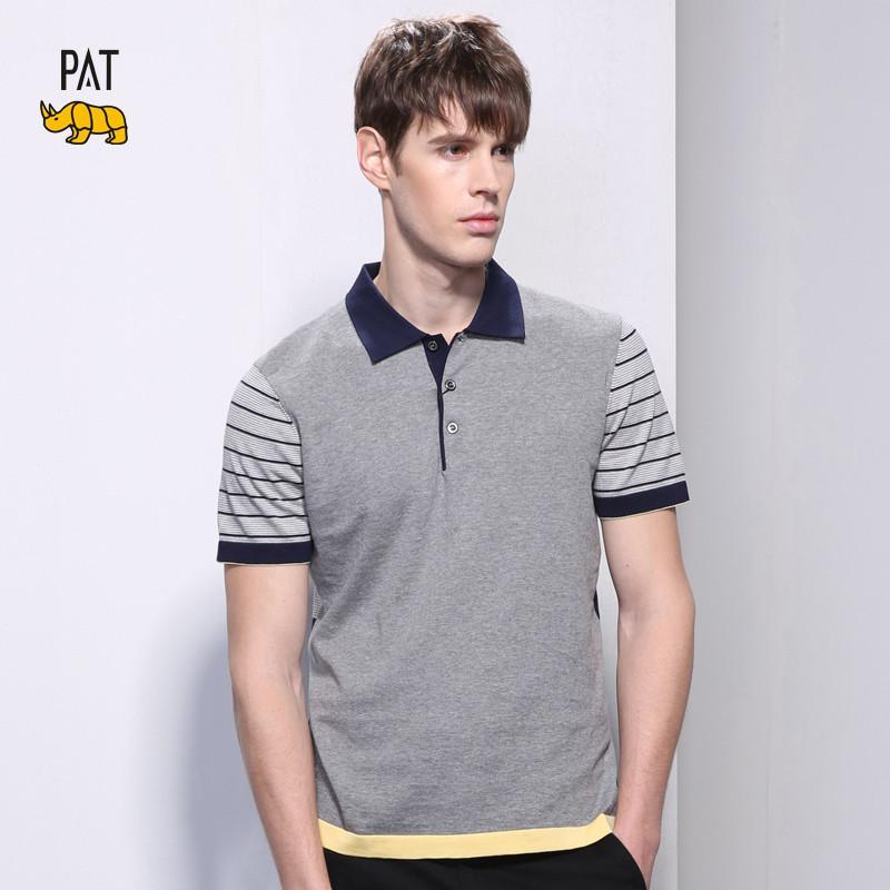 韩国犀牛pat 男士针织短袖t恤衫 拼接条纹polo保罗衫 修身透气 男装