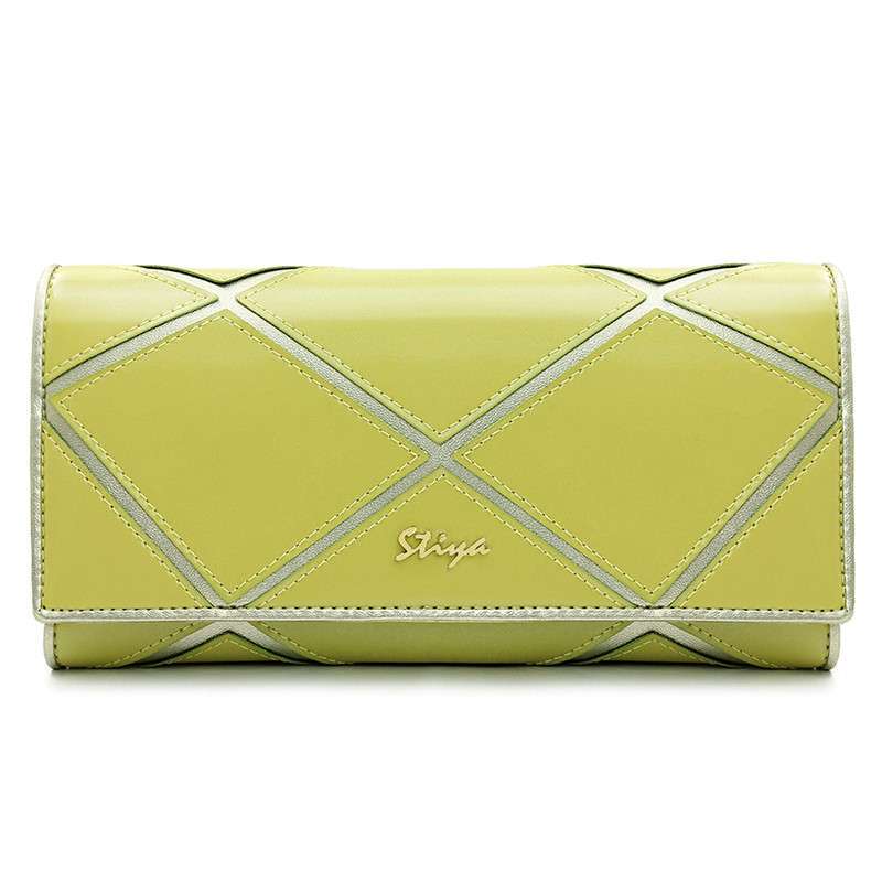 斯提亚（stiya）梦幻之旅系列 几何拼接绚彩珠光漆皮长款三折女士钱包手包 SK133015 果绿色