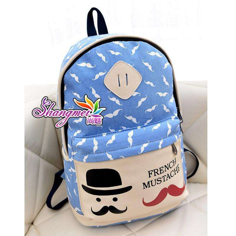 尚魅胡子帆布书包中学生双肩包背包男女韩版潮学院风旅行包电脑包 天蓝色