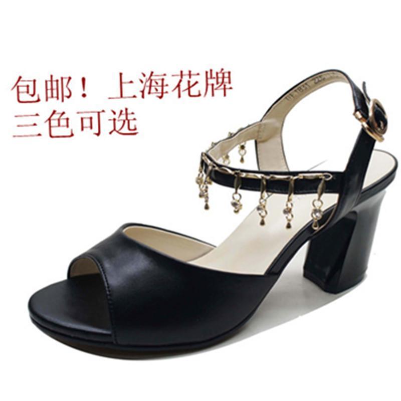 包邮正品花牌高跟鞋扣带水钻环脚软牛皮气质女凉鞋粗跟三色入1831 黑色 37码
