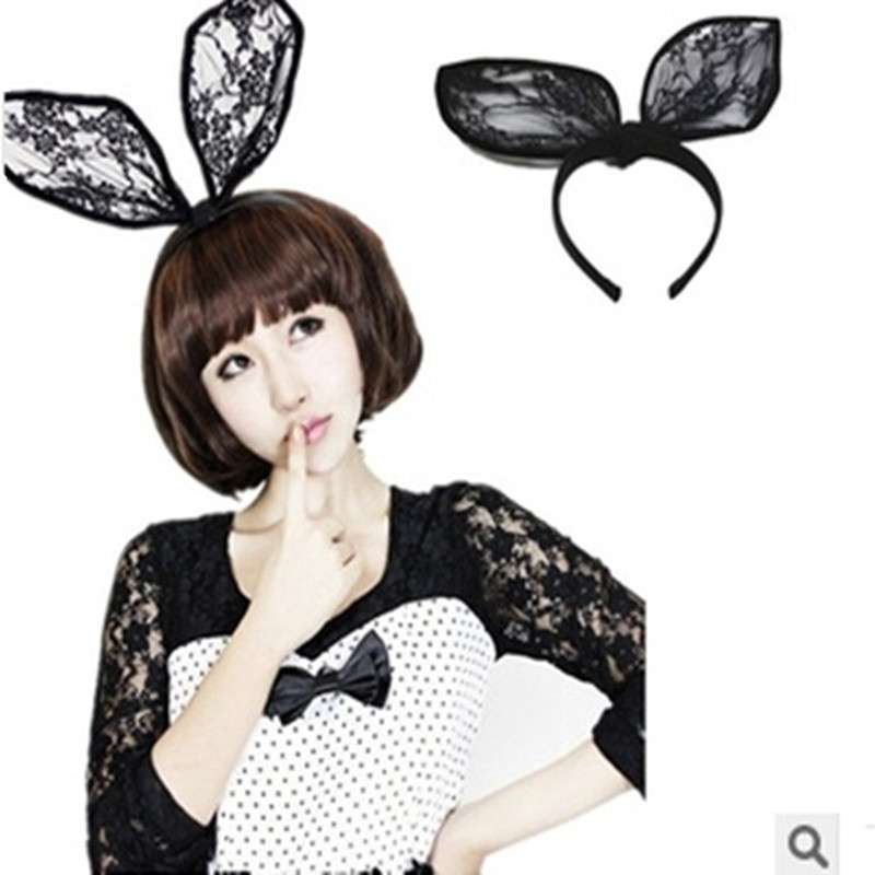 粉红猫 明星款超大黑色蕾丝兔子耳朵发箍发带发圈发卡性感兔女郎欧美