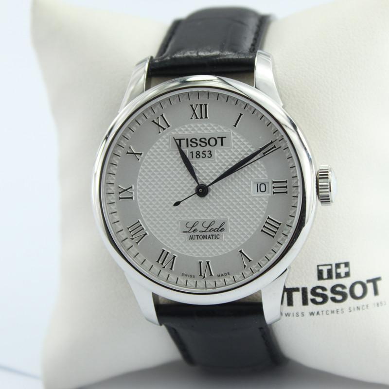 天梭TISSOT力洛克系列真皮表带自动机械男表正装男士手表T41.1.423.33 白色