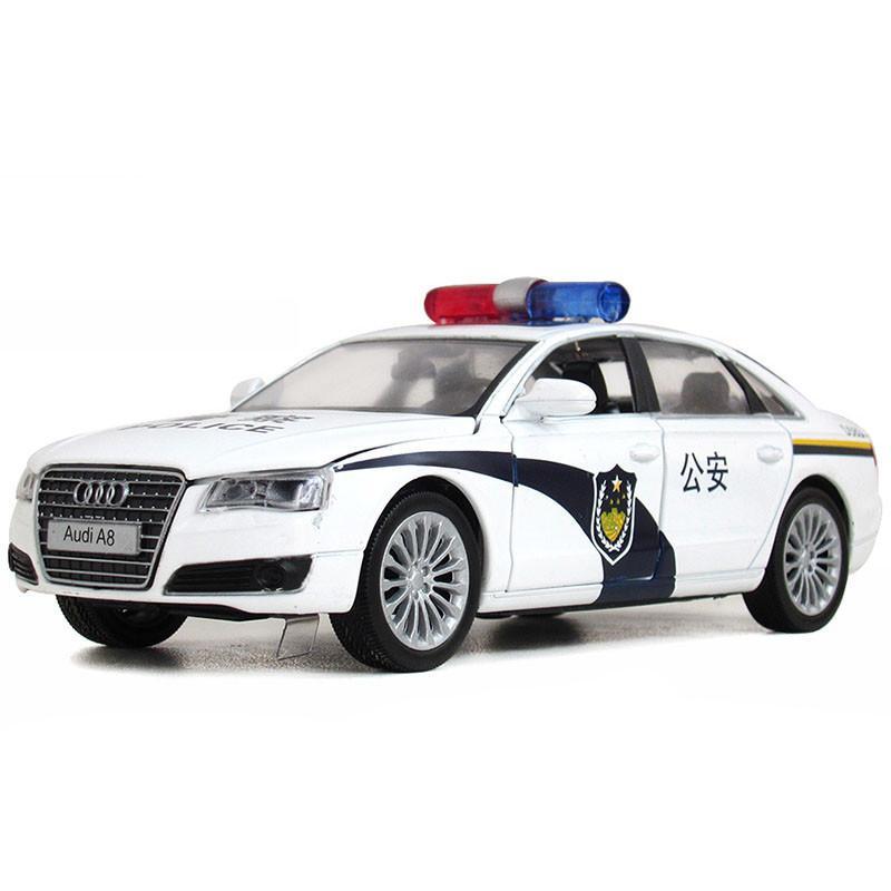 儿童玩具合金车回力警车 儿童玩具警车原厂授权1:32奥迪A8警车汽车模型 声光男孩玩具