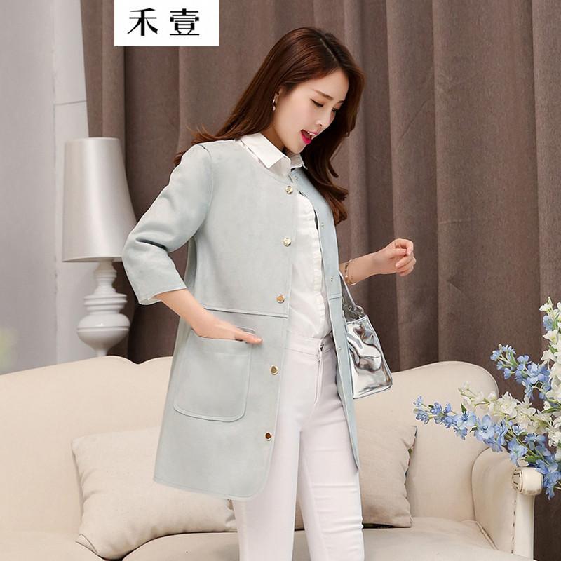 禾壹 2015秋装新款 时尚韩版修身甜美鹿皮绒大衣女 中长款外套 灰色 XL