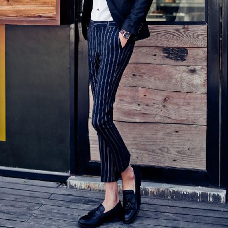 海之郎 韩版男士时尚条纹九分裤男款英伦百搭小脚裤 d61e 深蓝色 4