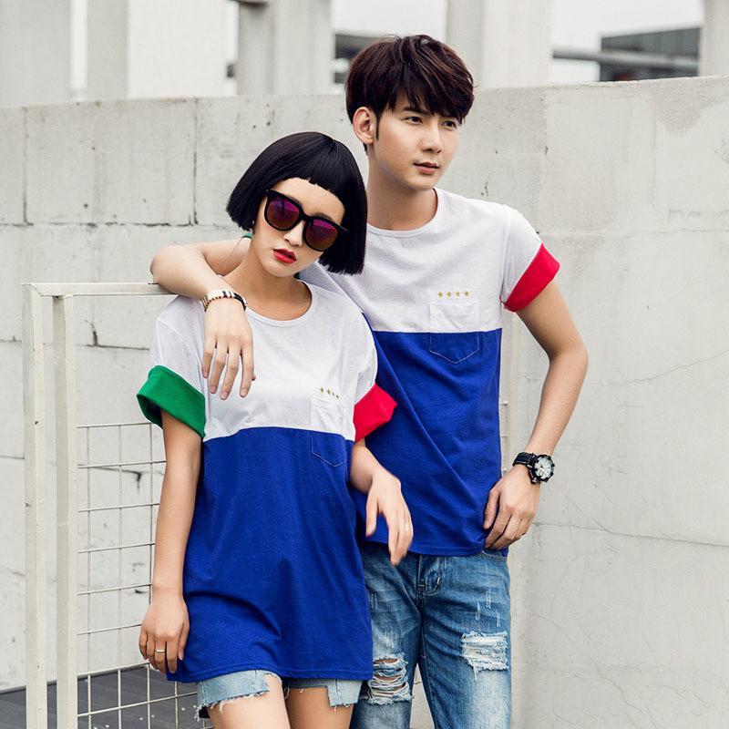 favorlove 时尚袖口拼色情侣装短袖t恤夏季新品男女t恤 t55e 如图xl
