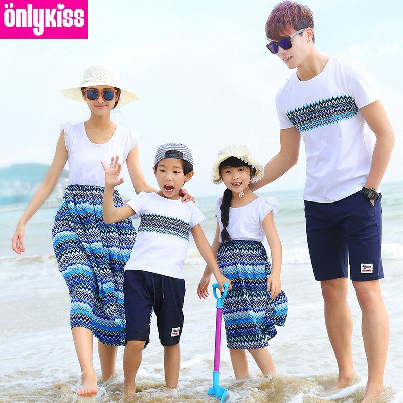 2015款夏装亲子装一家三口家庭装夏季沙滩裙T恤母子母女装连衣裙 蓝色 爸爸XXL码T恤