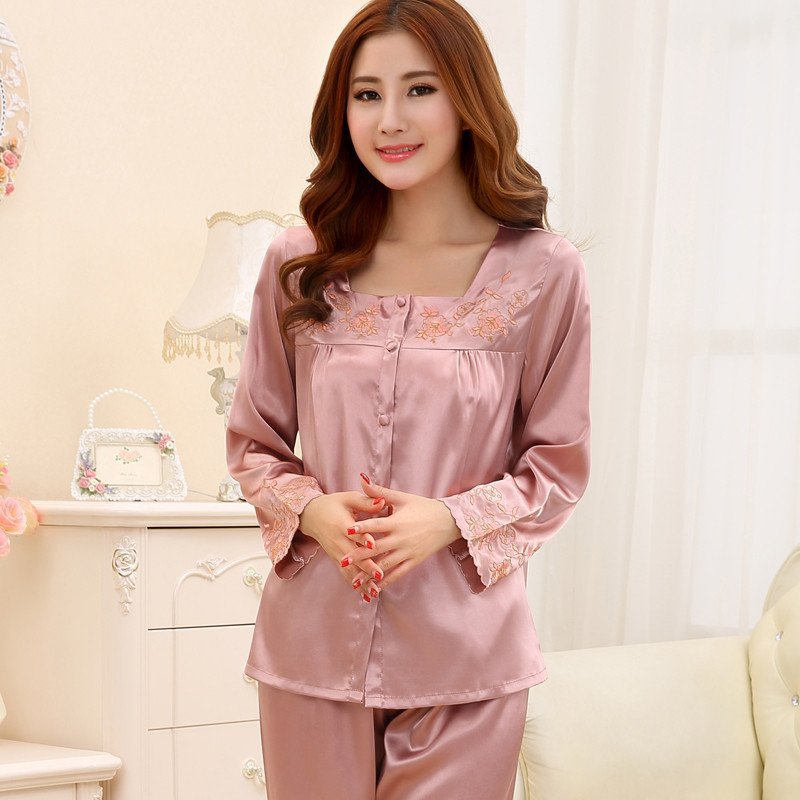 珂尔妮 春夏季中老年妈妈真丝睡衣女款长袖套装女式加大码胖mm丝绸