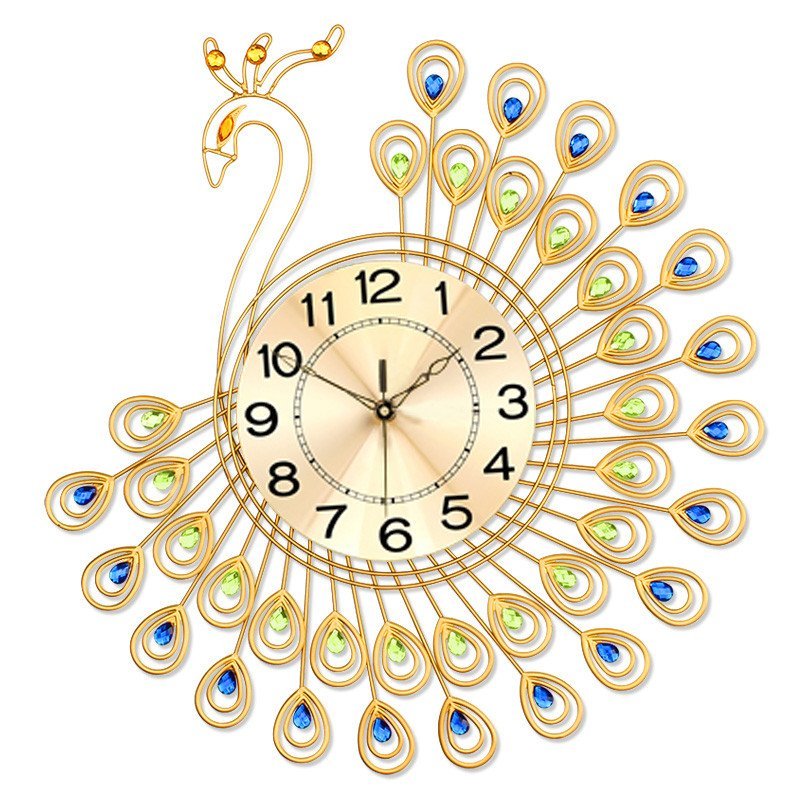 久久达 孔雀创意静音挂钟 现代时尚欧式客厅钟表 大号艺术石英钟JT1381 金色大号65CM