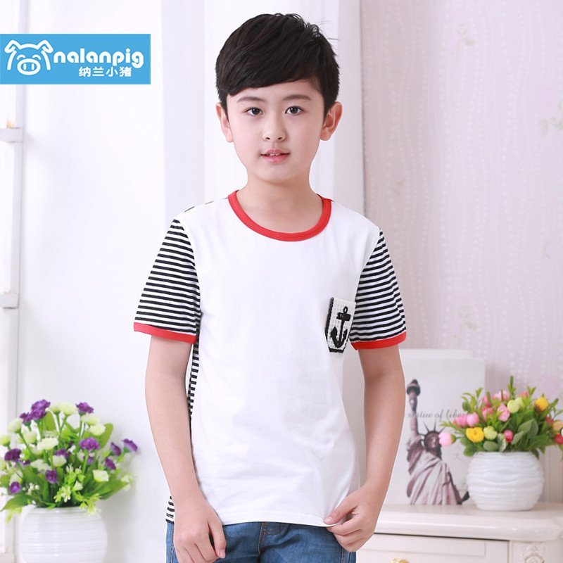 纳兰小猪童装2015男童韩版短袖T恤 110-160 150cm 白色船锚口袋短袖