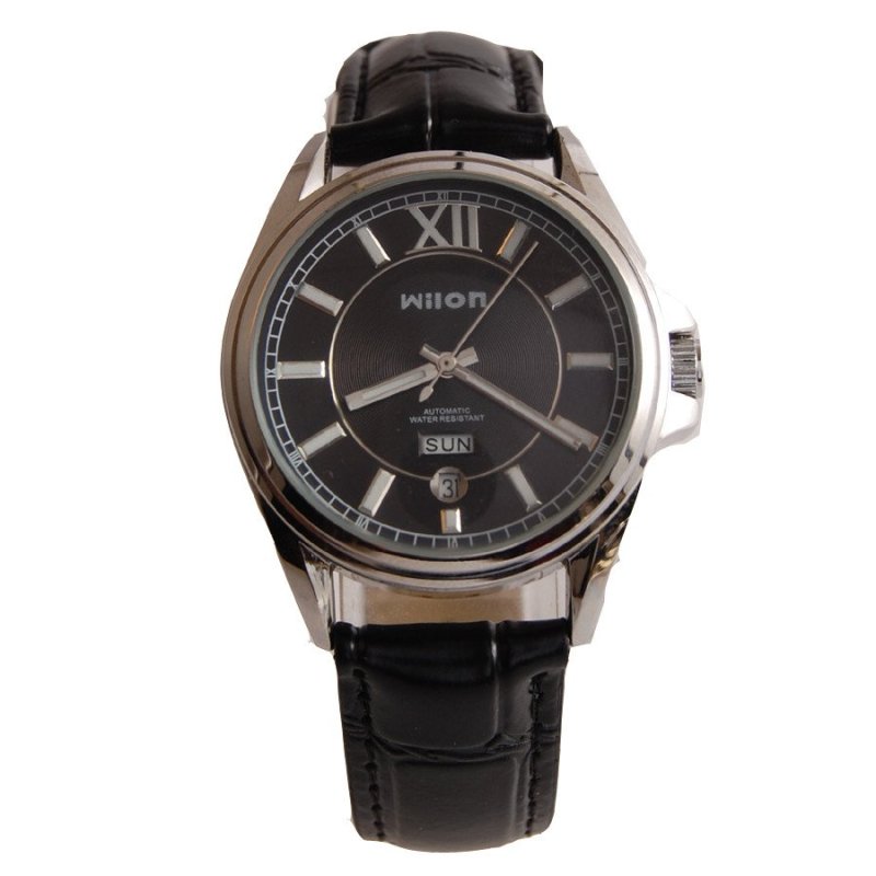 威龙钢带双日历全自动男款机械表刻度表针夜光商务手表 2013 黑皮黑盘