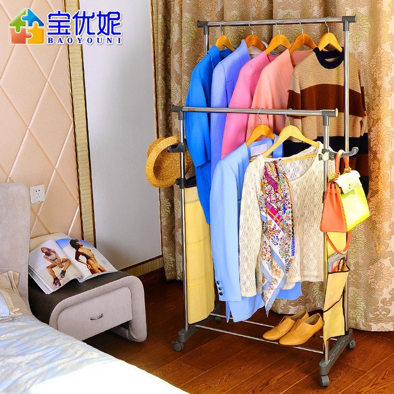 宝优妮室内晾衣杆落地 晾衣架加厚阳台双杆挂衣架不锈钢晾晒架