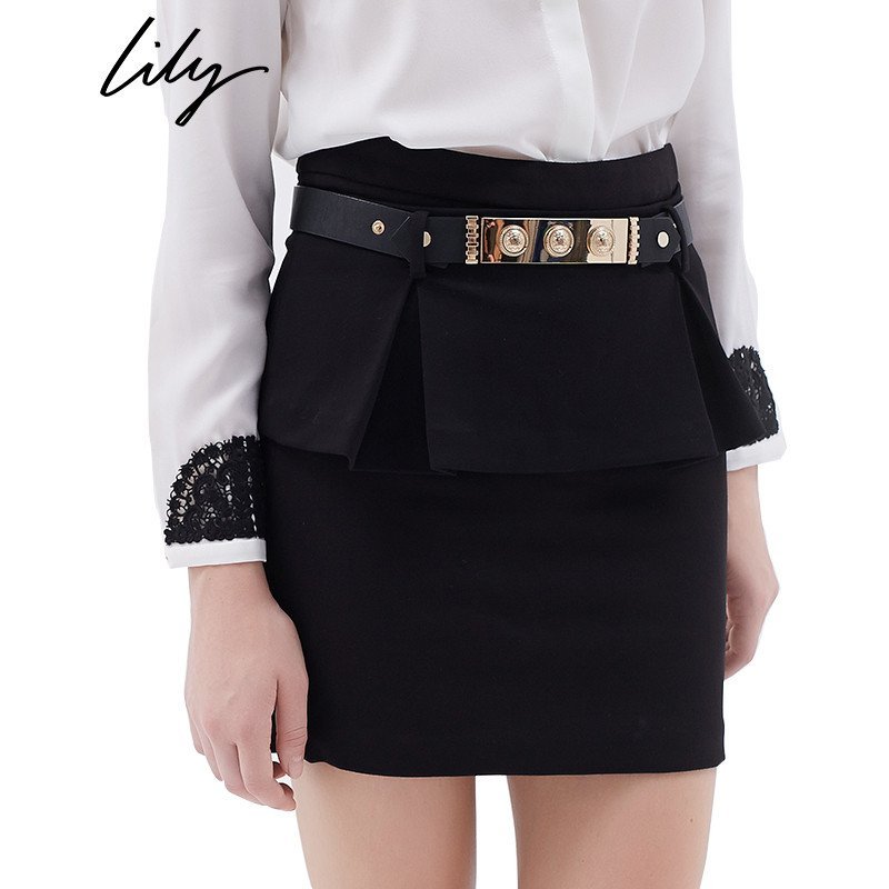 lily丽丽 欧美通勤时尚花边纯色半身裙短裙 113340E6352