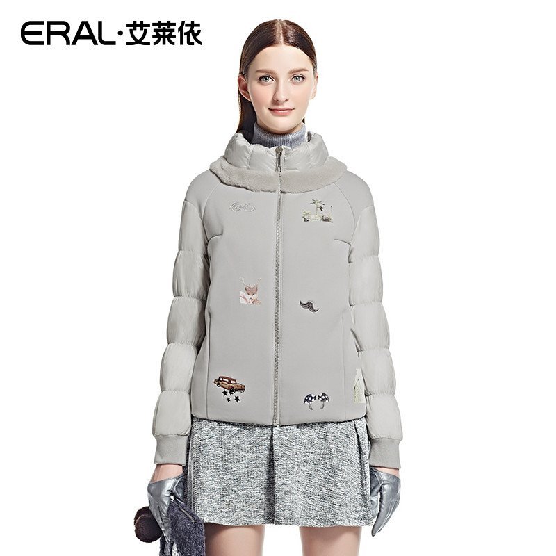 艾莱依2015冬装新款韩版刺绣短款立领修身 保暖羽绒服女ERAL2047D 180/100A/XXXL 时光银