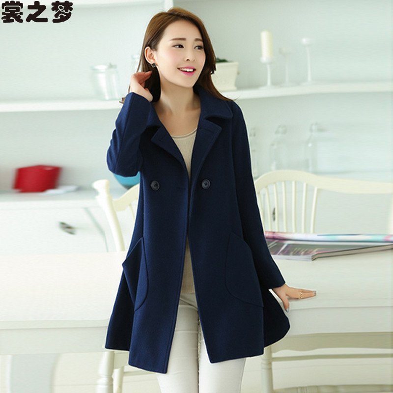 裳之梦2015秋装新款韩版女装修身中长款毛呢风衣外套女9525 L 藏青色