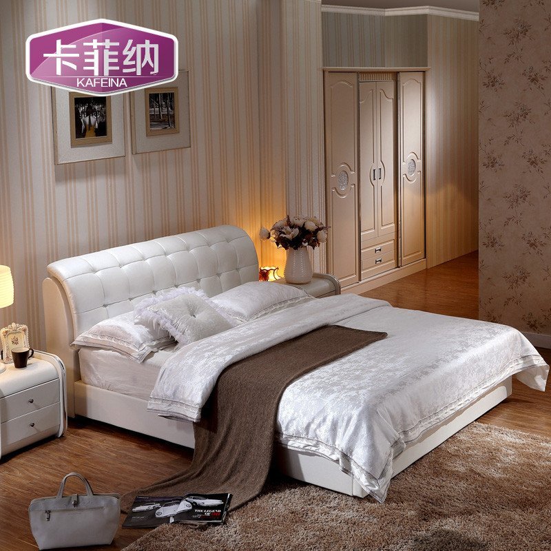 卡菲纳 皮床 皮艺床 卧室家具组合 床 双人床 1.8米/1.5米真皮床 婚床 软床 1.5M真皮床+乳胶床垫+2床头柜