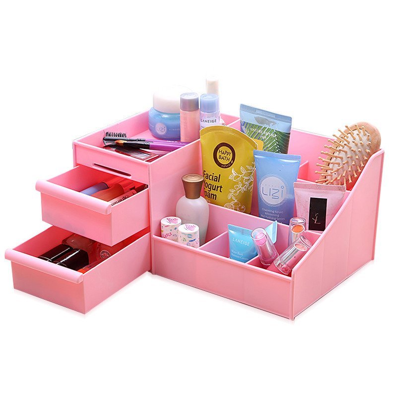 百家好世桌面收纳盒 化妆品收纳架带抽屉储物盒置物架浴室化妆盒 粉色