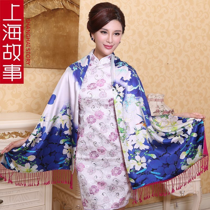 上海故事15新款专柜正品高档真丝拉绒双层桑蚕丝 秋冬保暖女士披肩围巾 清幽木兰花