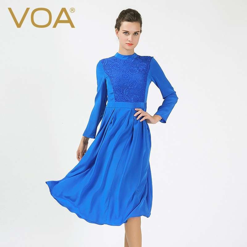 VOA 长袖真丝连衣裙立领修身显瘦中裙丝绸大摆裙女A6333