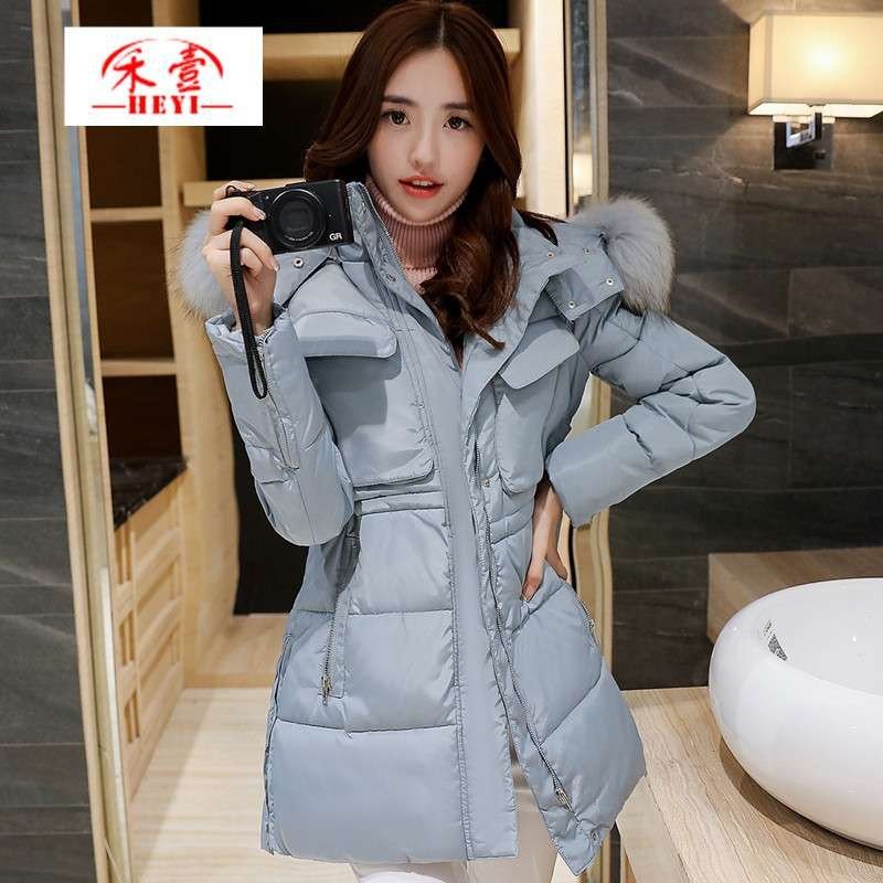 禾壹 2015冬装新款韩版时尚修身显瘦连帽中长款羽绒棉服女 棉袄 棉衣 配毛领 蓝灰 XXXL