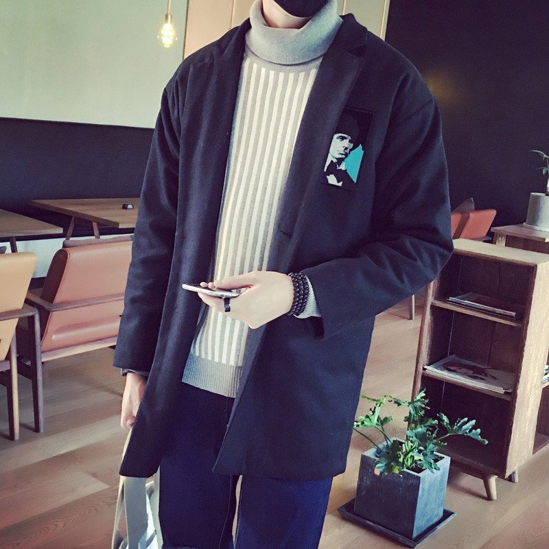 秋冬款毛呢大衣男修身中长款外套男风衣 L 黑色