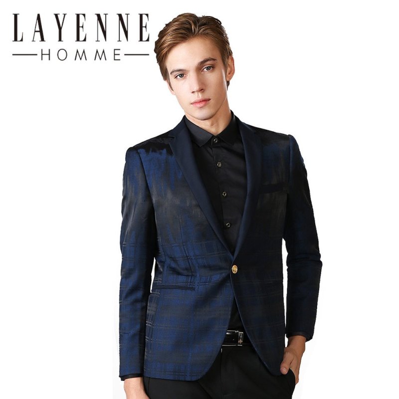 法国LAYENNE HOMME 男士羊毛西装秋冬季格子修身单西品牌西服外套 185 深蓝色