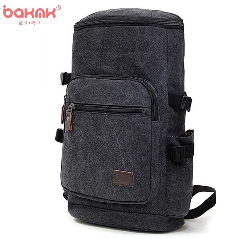 BAKMK芭卡玛卡 韩版男女款复古帆布包包大容量登山包双肩包背包时尚撞色手提包单肩包A36 黑色