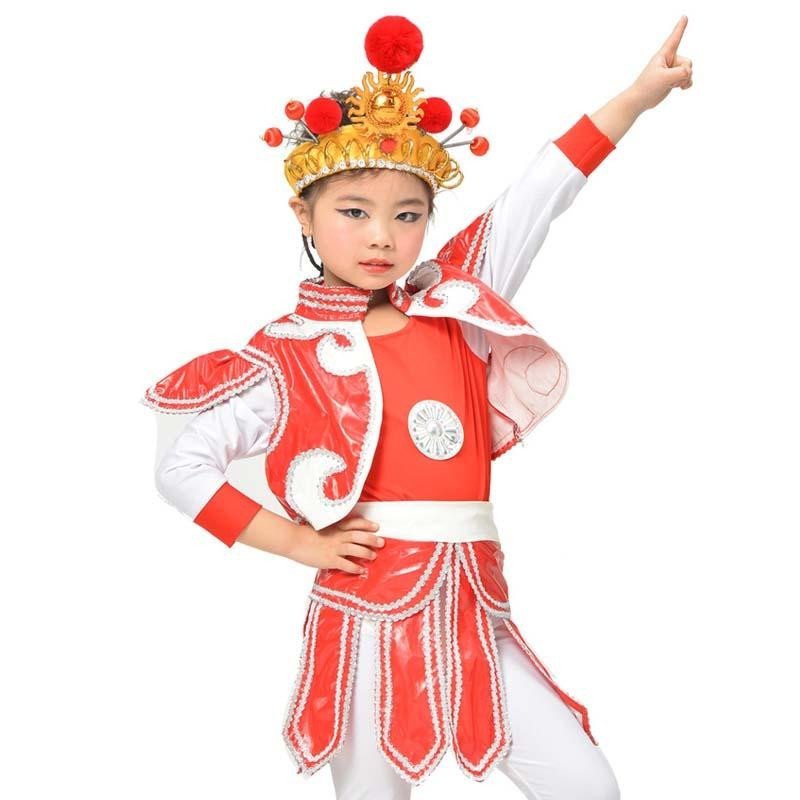 潮流舒适儿童古装话剧演出服修身透气花木兰表演服个性李将军女穆桂英舞台戏服套装 红色 140 150cm moren