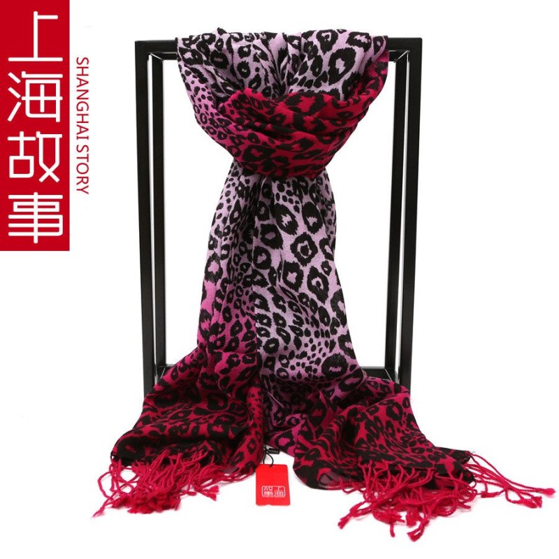上海故事100%羊毛围巾韩版秋冬保暖羊毛披肩 豹纹渐变玫红