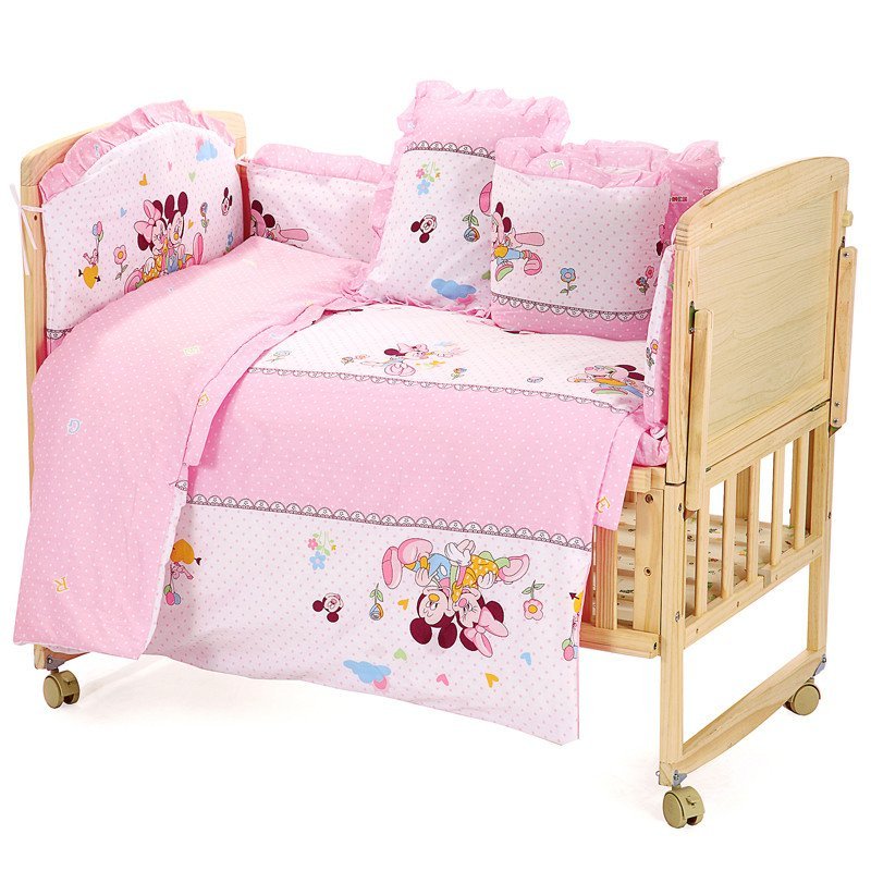 贝乐乐实木无漆双层婴儿床 好孩子必备床104cm×61cm 床+蚊帐+棕垫+床围套件 粉色米奇