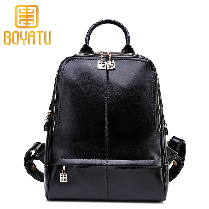 柏雅图（boyatu）真皮双肩包女复古休闲旅行背包二层牛皮韩版学院风书包 黑色