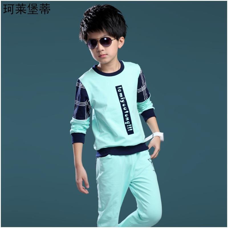 珂莱堡蒂春夏秋款儿童装男童套装中大童运动服男孩卫衣两件套 150码建议身高140CM 浅蓝色