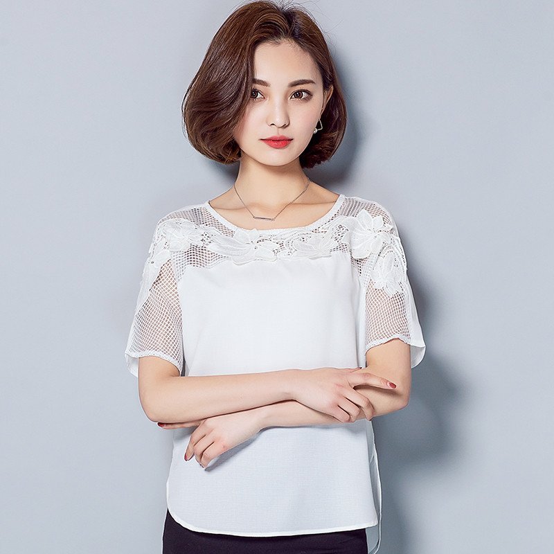 班俏韩新款夏装短袖蕾丝雪纺衫拼接镂空钩花上衣t恤女显瘦打底衫